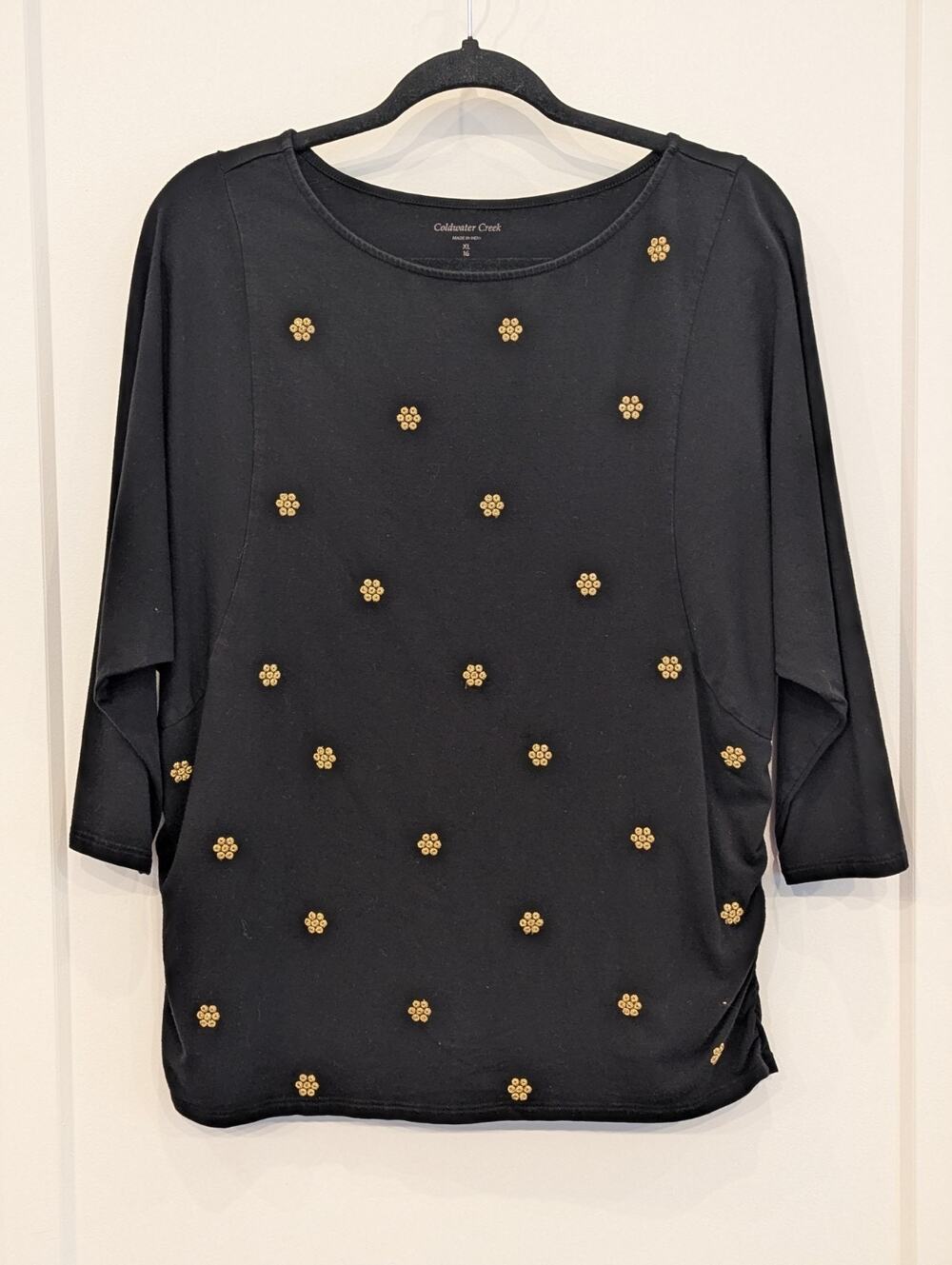 Coldwater Creek top black gold metallic embroidery round raglan sleeve size XL